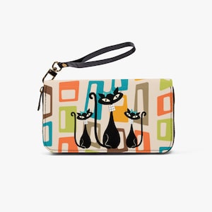 Atomic Cat in Pearls Wristlet- MCM Purse- Mid Mod Wallet- Vegan Leather