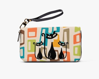 Atomic Cat in Pearls schoudertasje- MCM-portemonnee- mid-mod portemonnee-veganistisch leer