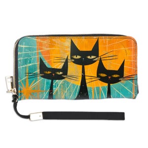 Mid Mod Cat Wallet ~Atomic Cat in Pearls Wristlet Pink- MCM Purse- Mid Mod Wallet- Vegan Leather