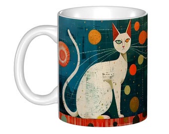 Mid Mod Cat Mug – Retro Atomic Cat Coffee Cup, Mid Century Coffee Lover Gift, Sassy Black Cat Cup