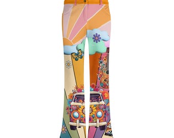 May include: A pair of wide-leg pants with a colorful retro print featuring a vintage van, a guitar, butterflies, and flowers. The pants have a high waist and a relaxed fit.