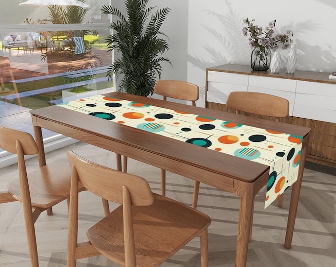 Retro Kitschy Table Runner- MCM Linen Mid Mod Decor Tablecloth, 50s Kitchen Decor