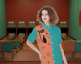 Atomic Cat In Pearls Bowling Shirt for Women