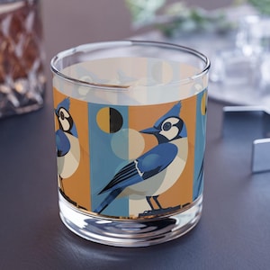 MCM Vintage Retro Blue Jay Cocktail DOF Glass 1/2/4 pc set,Birds Rocks Glass,Double Old Fashioned Glass