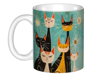 Mid Mod Cat Mug – Retro Atomic Cat Coffee Cup, Mid Century Coffee Lover Gift, Sassy Black Cat Cup