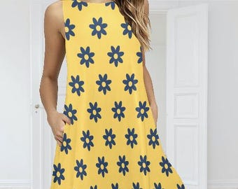 Groovy Flower Power - Robe trapèze hippie sans manches avec poches - Robe modulable moyenne, Robe à fleurs