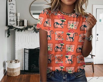Atomic Cat vakantie-T-shirt, kerst midden van de eeuw modern T-shirt - retro dames T-shirt leuke damestop