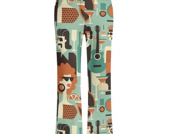 May include: A pair of patterned pants with a light teal background and a repeating design of figures, guitars, and cocktail glasses. The pants have a brown waistband and a flared leg. The design includes orange, brown, and black elements.