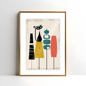 Mid-Century Modern Atomic Cat In Pearls Poster