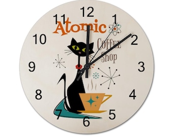 Atomic Coffee Shop Wall Clock- MCM Retro Atomic Cat Clock for Wall