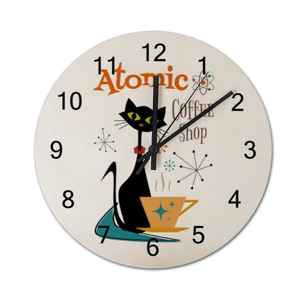 Atomic Coffee Shop Wall Clock- MCM Retro Atomic Cat Clock for Wall