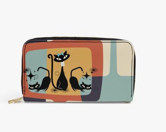 Atomic Cat in Pearls Wristlet- MCM Purse- Mid Mod Wallet- Vegan Leather
