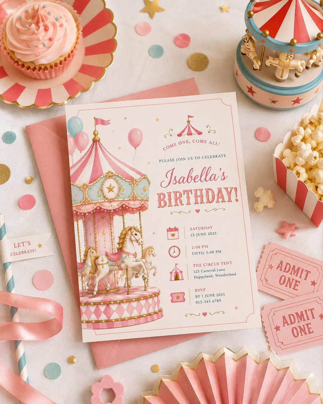 Circus Carousel Birthday Invitation Template | Pink Carnival Party ...