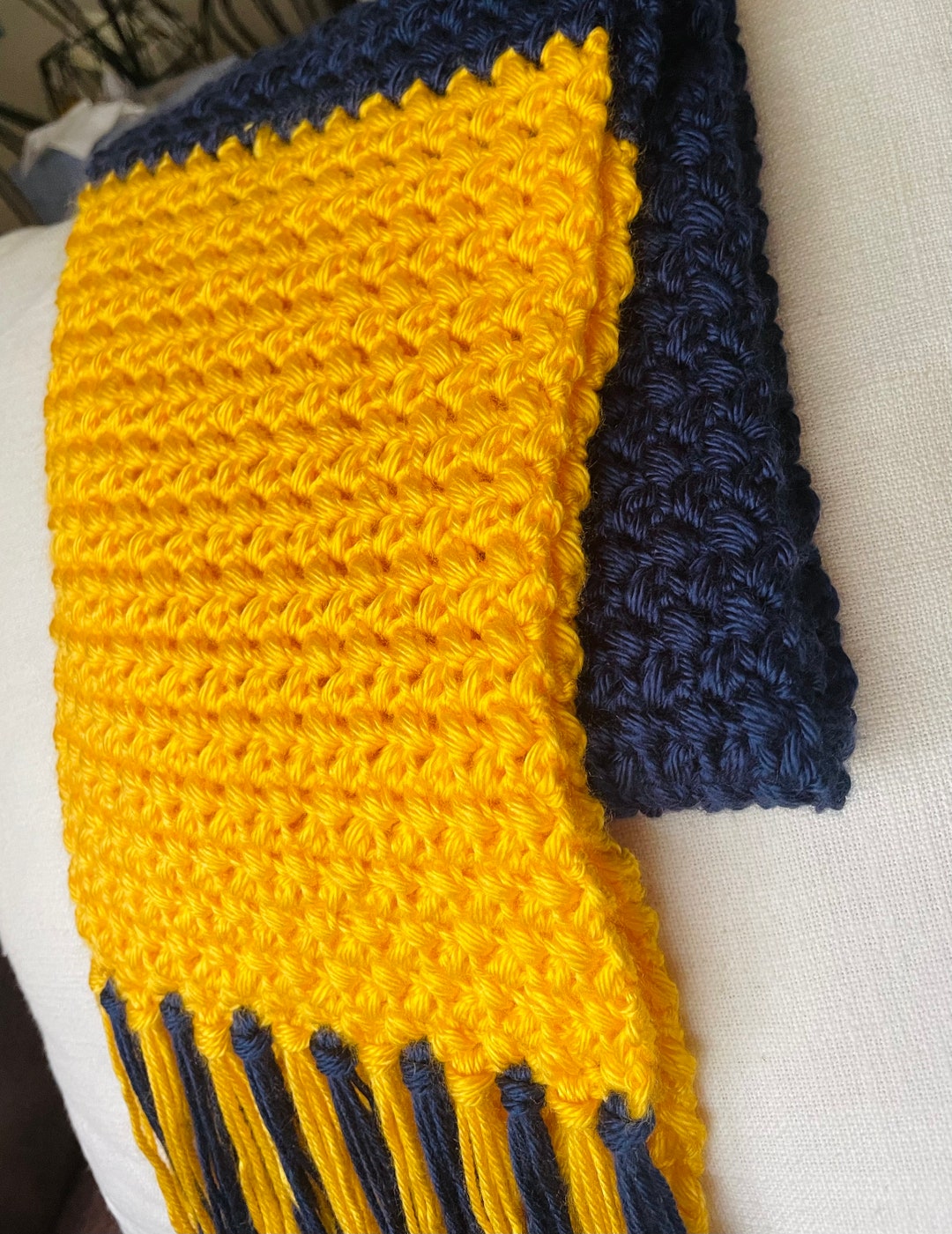 Michigan Scarf Pattern Handmade Crochet Fringed Scarf | University of Michigan | Blue and Gold ...