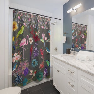 Tropical Paradise: Multicolor Vibrant Tropical Shower Curtain, Modern Maximalist Watercolor Asthetic Bathroom Decoration