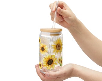 Sunflower Iced Coffee Cup - Glass Tumbler with Straw