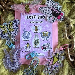 May include: A set of eight colorful acrylic keychain charms featuring different insects, including a butterfly, a moth, a cicada, a centipede, a scorpion, a roach, a fly, and a ladybug. The charms are packaged in a pink and white card with the text "Love Bug Mystery Pack".
