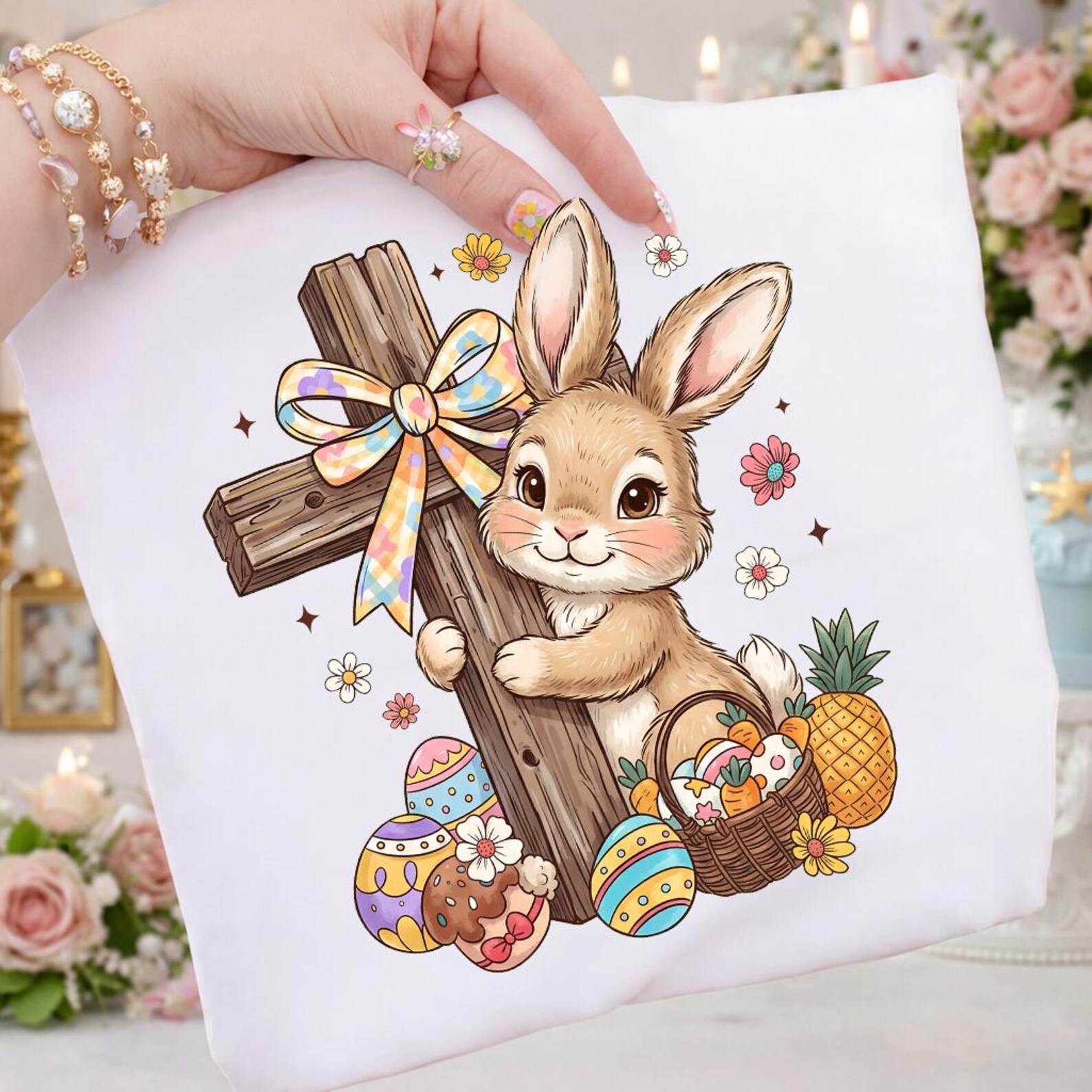 Christian Easter Bunny PNG, Bunny Holding Cross With Easter Eggs ...