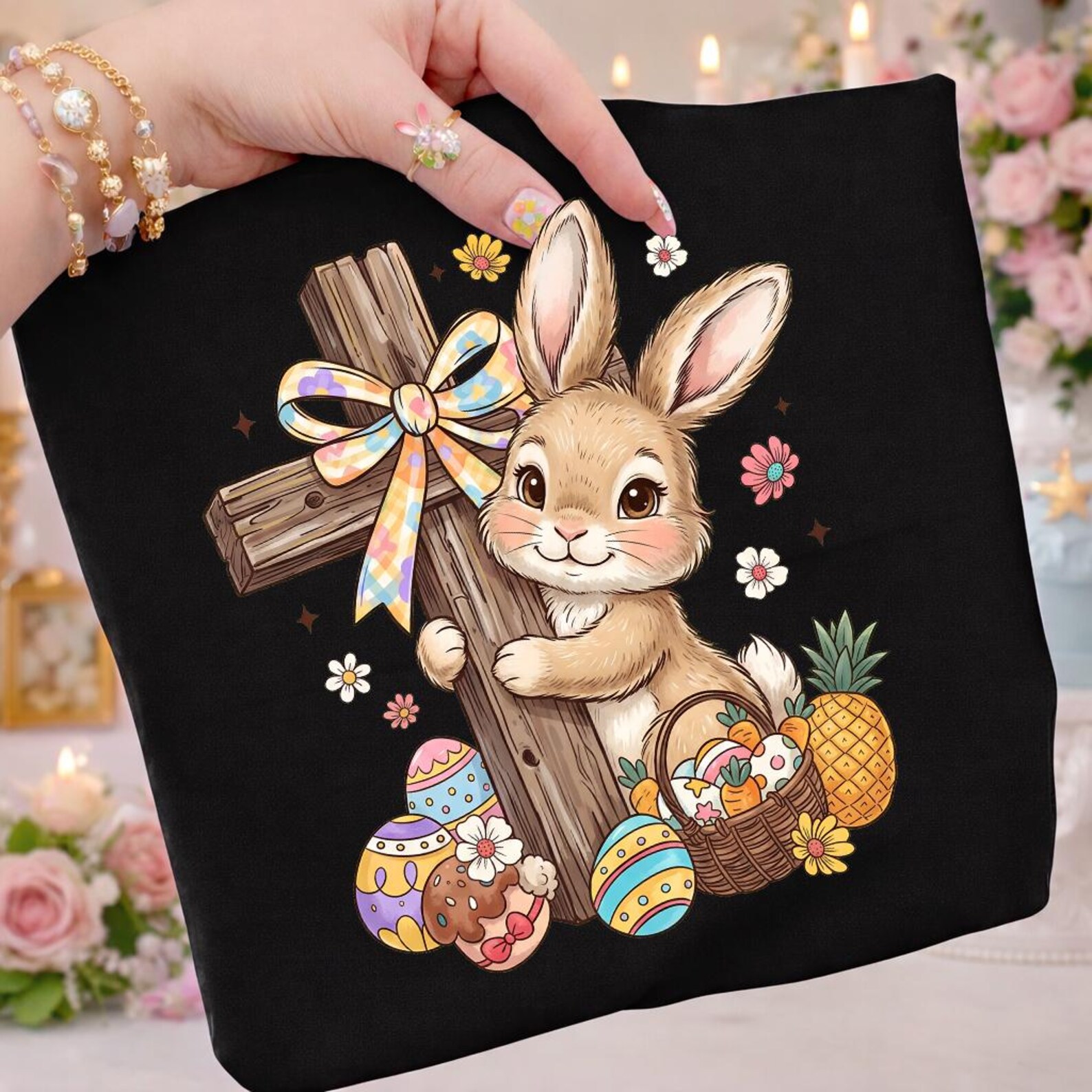 Christian Easter Bunny PNG, Bunny Holding Cross With Easter Eggs ...