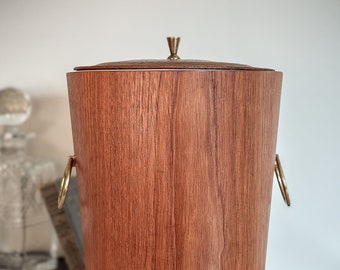 MCM Teak Ice Bucket | Scandinavian Brass and Warm Wood Barware | 1960's Bar Cart Accessories