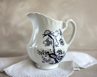 Vintage Ironstone J & G Meakin Blue and White Nordic Pitcher | Farmhouse Decor Blue Danube Jug | Semi Porcelain Aged Blue Onion Hutch Vessel