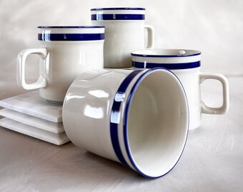 Vintage White with Cobalt Blue Stripe Mug Set of 4 | Orbit Blue by Sango China Coffee Cups | Cottagecore Resturant Ware Stoneware Collection