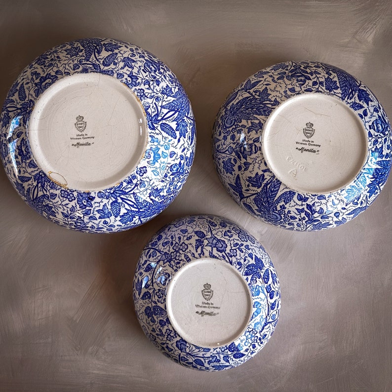 Vintage 1950s Waechterbach West Germany Ironstone Nesting Bowls Manila Blue and White Floral Transferware Mixing Bowls Sourdough Bowl image 3
