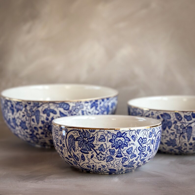 Vintage 1950s Waechterbach West Germany Ironstone Nesting Bowls Manila Blue and White Floral Transferware Mixing Bowls Sourdough Bowl image 2