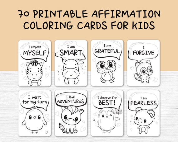 70 Kids Affirmation Coloring Cards, Printable Positivity Cards (Digital Download)