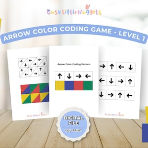 Puede incluir: Juego de codificación de colores de flechas imprimible para niños. El juego incluye un patrón de codificación de colores con cuadrados amarillos, azules, rojos y verdes. El juego también incluye una cuadrícula de flechas para codificar por colores.