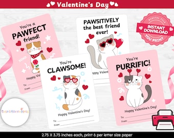 Cat Valentine's Day Cards for Kids, School Classroom Favors (PDF Pattern)