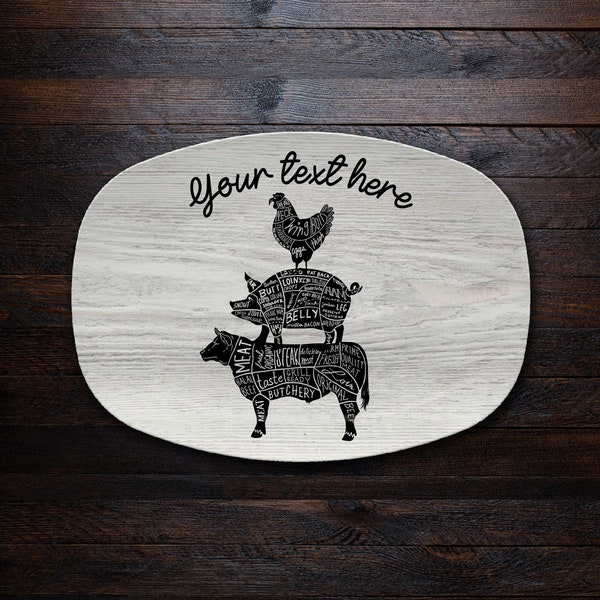 Personalized BBQ Grilling Platter Serving Tray, Father's Day BBQ Gifts, Grilling Plate, Gifts for Him, Butcher Cuts, Cow Pig Chicken