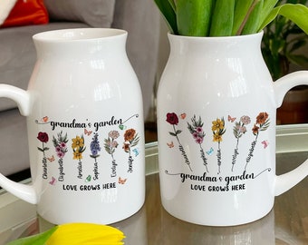 Custom Grandma's Garden Flower Vase, Grandkid Name Flower Vase, Personalized Grandma's Gift, Birth Month Flowers Gifts, Mother's Day Gifts