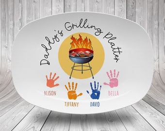 Custom Handprint Daddy's Grilling Platter, Father's Day Gift, Personalized BBQ Handprint Plate, Custom Barbeque Platter For Dad