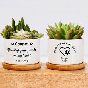 May include: Two white ceramic succulent planters with personalized messages. The left planter says "Cooper You left paw prints on my heart 2012-2023". The right planter says "Forever in our heart Cooper 2023".