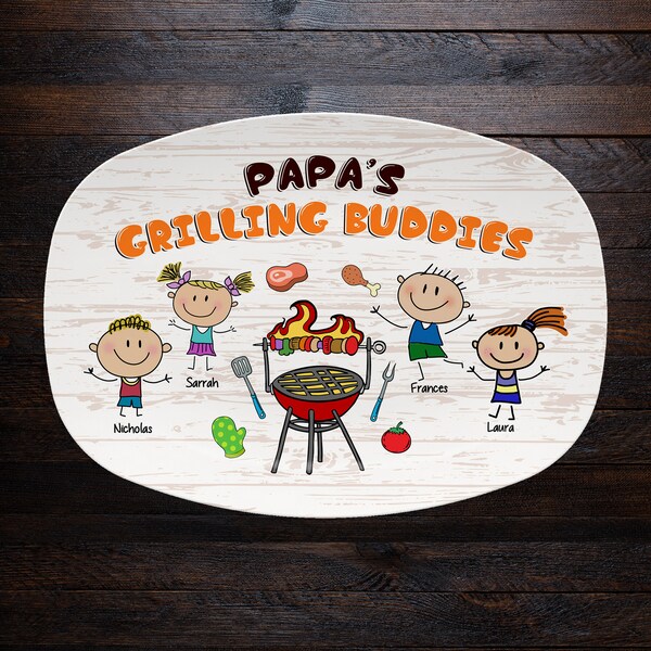 Custom Papa's Grilling Buddies Plate, Personalized Grilling Gift for Father's Day, BBQ Grilling Platter for Dad, Happy Father's Day