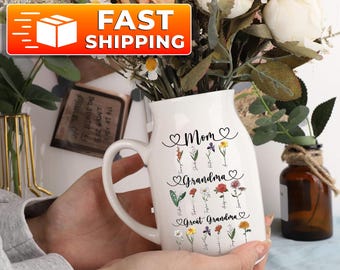 Custom First Mom Now Grandma Flower Vase, Personalized Birth Month Flowers Great Grandma Vase, Grandkid Name Flower Vase, Mothers Day Gifts
