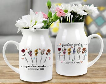 Custom Grandma&#39;s Garden Flower Vase, Grandkid Name Flower Vase, Personalized Grandma&#39;s Gift, Birth Month Flowers Gifts, Mother&#39;s Day Gifts