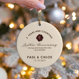 Personalized 3rd Anniversary Ornament, Leather Wedding Anniversary Gift, Three Year Anniversary Ceramic Ornament, Christmas Gift for Husband
