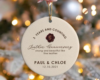 Adorno personalizado para el tercer aniversario, regalo de cuero para aniversario de bodas, adorno de cerámica para el tercer aniversario, regalo de Navidad para el esposo.