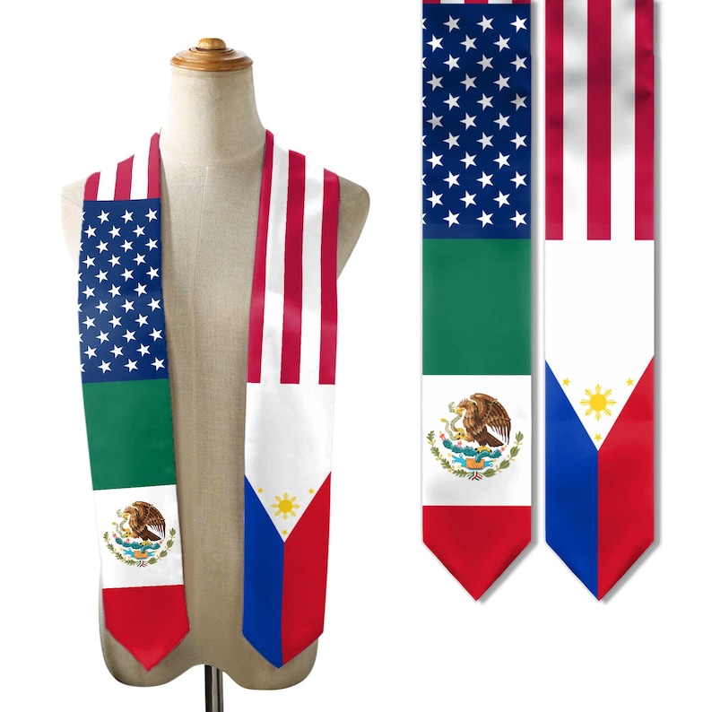 Puede incluir: Una banda de graduaci&oacute;n con las banderas de Estados Unidos, M&eacute;xico y Filipinas. Las bandas se muestran en un maniqu&iacute;. La bandera estadounidense tiene un campo azul con estrellas blancas y rayas rojas y blancas. La bandera mexicana tiene un dise&ntilde;o verde, blanco y rojo.