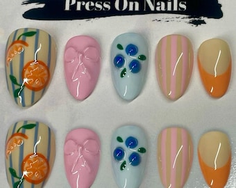 Summer Pop Art Mix | Bright Press-On Nail Set – Citrus, Berry & Stripe Designs