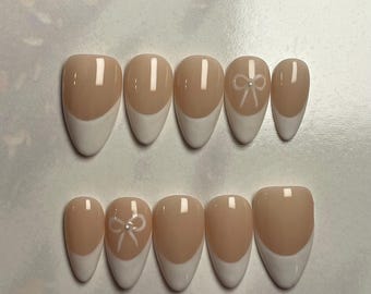 Classic French Tip with Bow and Accent Pearl Press On Nails | Gel Polish Manicure | reusable