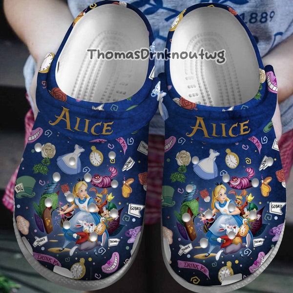 Chaussures sabots Alice au pays des merveilles, sandales sabots Alice au pays des merveilles, pantoufles sabots, sandales chaussures personnalisées, chaussures sabots personnalisées, cadeau de chaussures personnalisées