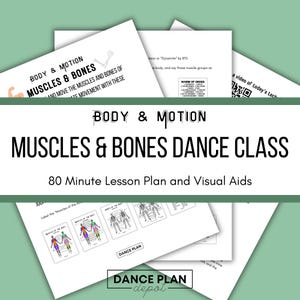 Peut inclure: Un plan de cours imprimable de 80 minutes et des aides visuelles pour un cours de danse axé sur les muscles et les os du corps. Le document comprend des diagrammes du corps humain avec des étiquettes pour les muscles et les os.