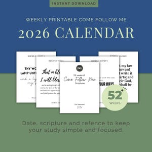 May include: A weekly printable 2026 calendar with the text "Come Follow Me." The design features several white cards with scripture excerpts and dates. The background is a mix of blue and green.