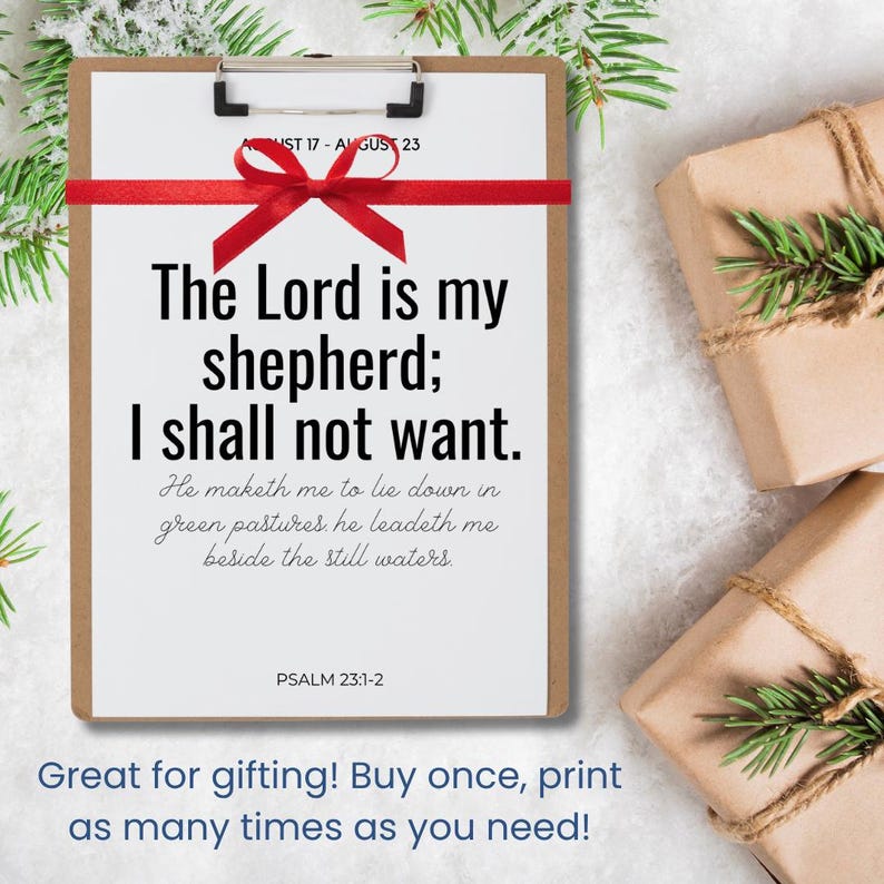 May include: A clipboard with the text "The Lord is my shepherd; I shall not want." is adorned with a red ribbon. Two wrapped gifts with twine and sprigs of greenery are in the background. The text "PSALM 23:1-2" is also visible.