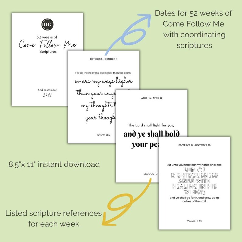 May include: A collection of white printable pages with scripture references for each week. The pages include text such as "Come Follow Me Scriptures" and "Old Testament 2024". The pages are 8.5" x 11" and are an instant download.