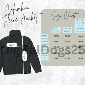 May include: A black fleece jacket with a zipper closure. The jacket has a size chart with measurements in inches for small, medium, large, XL, and 2X sizes.