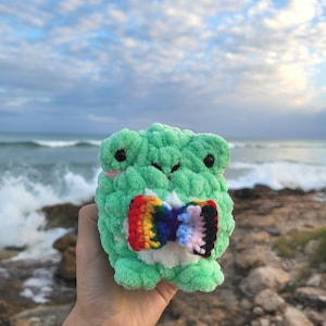 May include: A small, plush, light green crocheted frog toy featuring a white belly, two black bead eyes, and small pink cheek accents. The frog is wearing a small, multi-colored rainbow striped bow tie made of yarn attached to its chest.